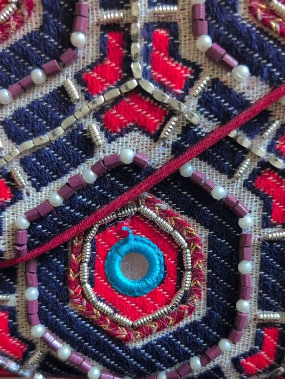 Embroidered Navy & Pink Geometric Beaded Clutch
